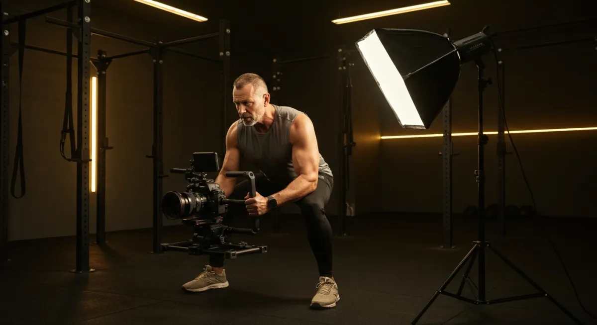 Creator filming first proof-of-work video rep in a cinematic studio (cinematic)