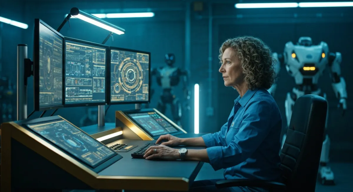 Cinematic AI and automation campus visual: operator at a multi-monitor command desk with tech glow.