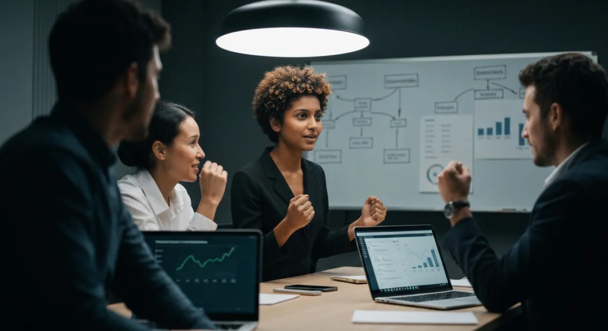 Cinematic business systems campus visual: operations war-room with dashboards and planning tools.