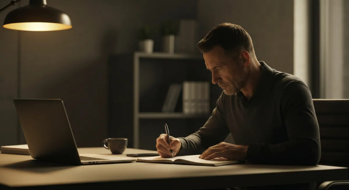 Cinematic ownership and mindset campus visual: focused entrepreneur planning in a dark modern workspace.