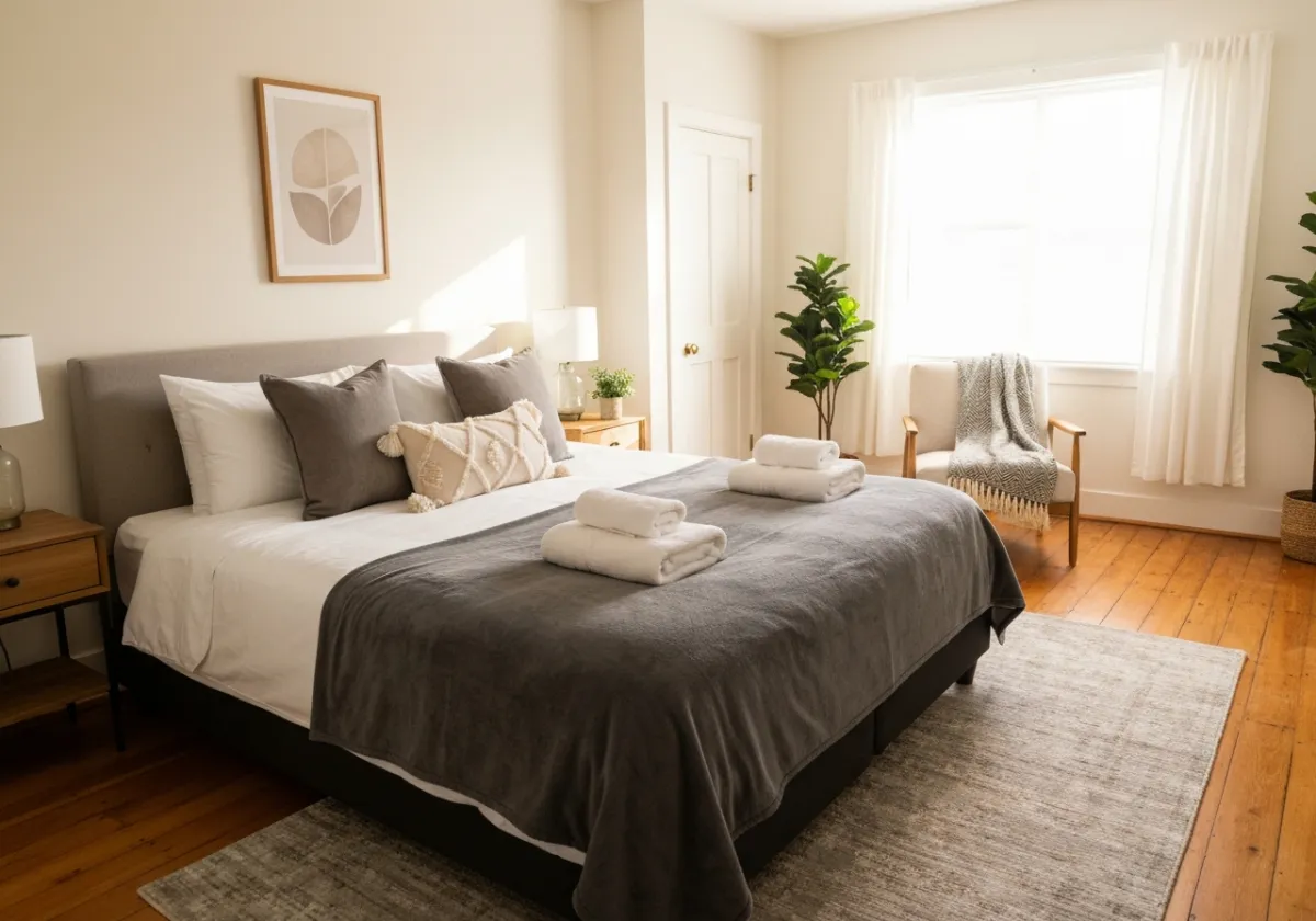 Short-term rental turnover cleaning bedroom interior