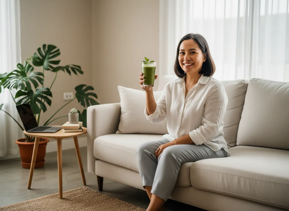 Healthy Filipina mom enjoying a wellness drink at home