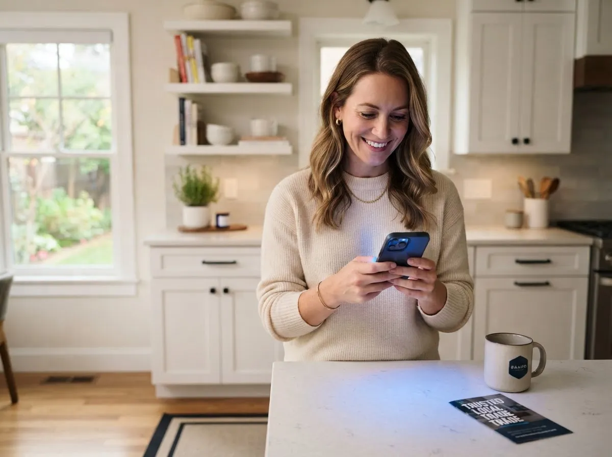 Customer holding smartphone receiving instant polite text message from tradesperson service