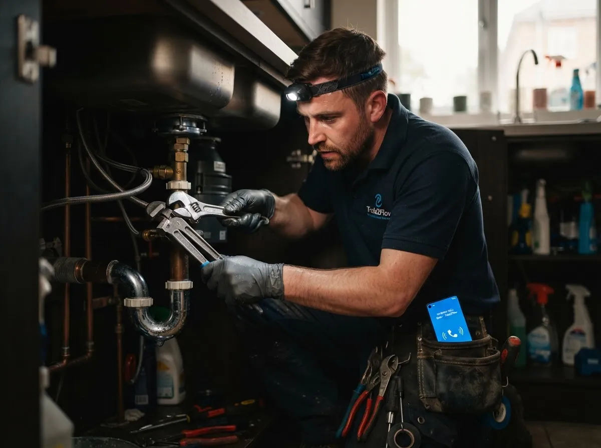 Plumber working underneath kitchen sink while mobile phone rings unanswered