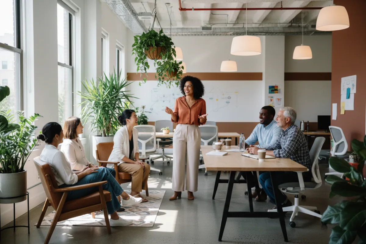 A diverse group of adults in a bright, modern workspace, engaged in a lively discussion with Marcy at the center, smiling and listening attentively. The setting is open, with plants and natural light, conveying inclusivity and warmth.