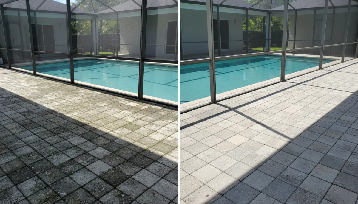 Before and after cleaning - pool deck example