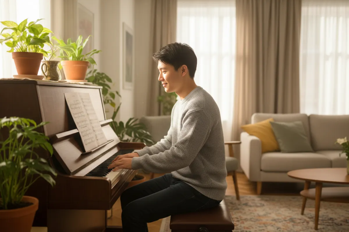 A young Asian man in casual clothes, sitting at an upright piano in a sunlit living room, looking at sheet music with a gentle smile. The room features houseplants and soft natural light, creating a welcoming, homey atmosphere.