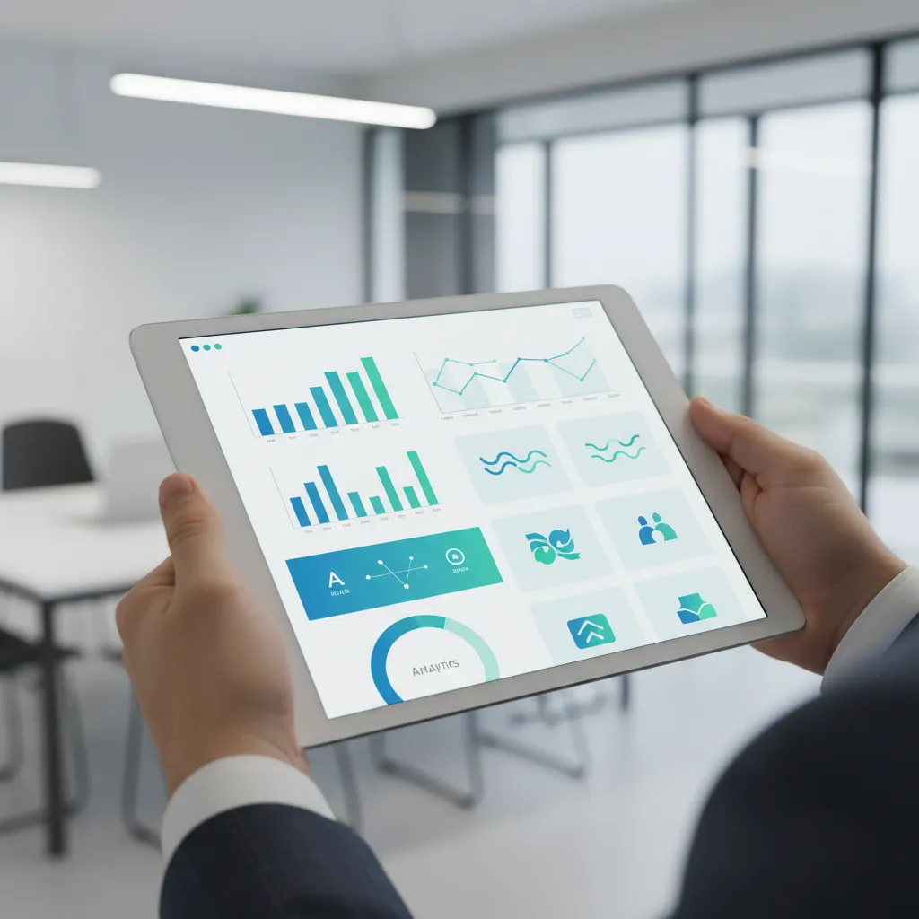 A close-up of a real estate AI dashboard on a tablet, showing automated follow-up messages and analytics, held by a professional in business attire, 1:1 aspect ratio