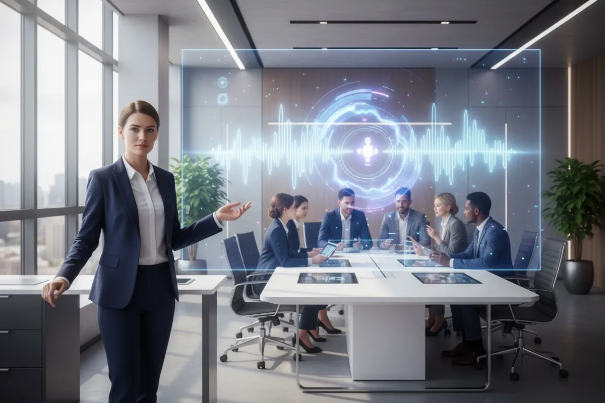 A modern real estate agent in a bright office, interacting with a digital voice AI interface on a large screen, diverse team in background, contemporary tech, 3:2 aspect ratio