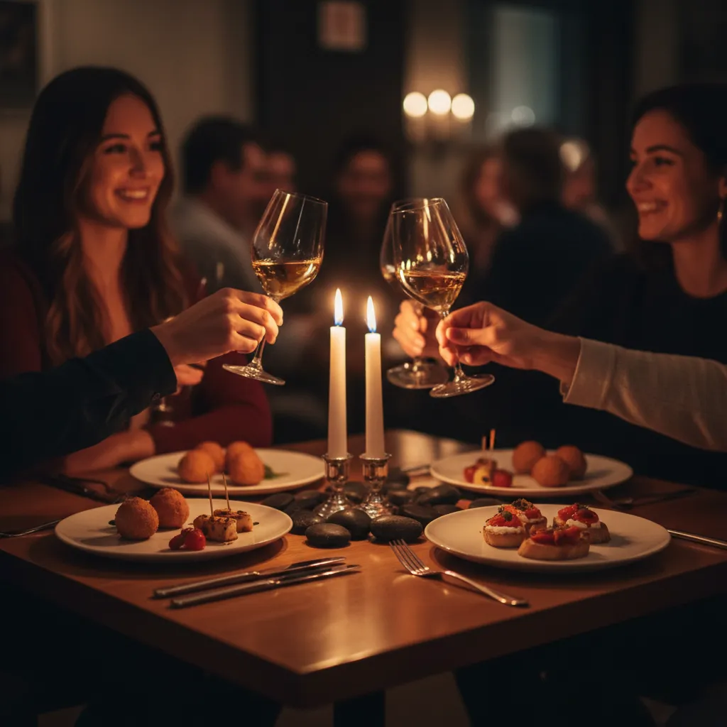 Plated small bites with candlelight and people clinking glasses in soft focus.