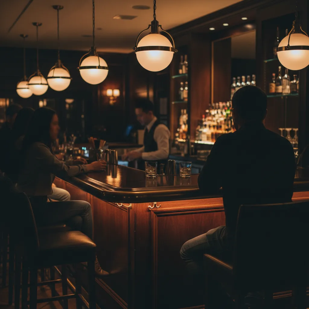 Late-night bar counter with pendant lights, polished brass details, and patrons in soft focus under warm cinematic lighting.
