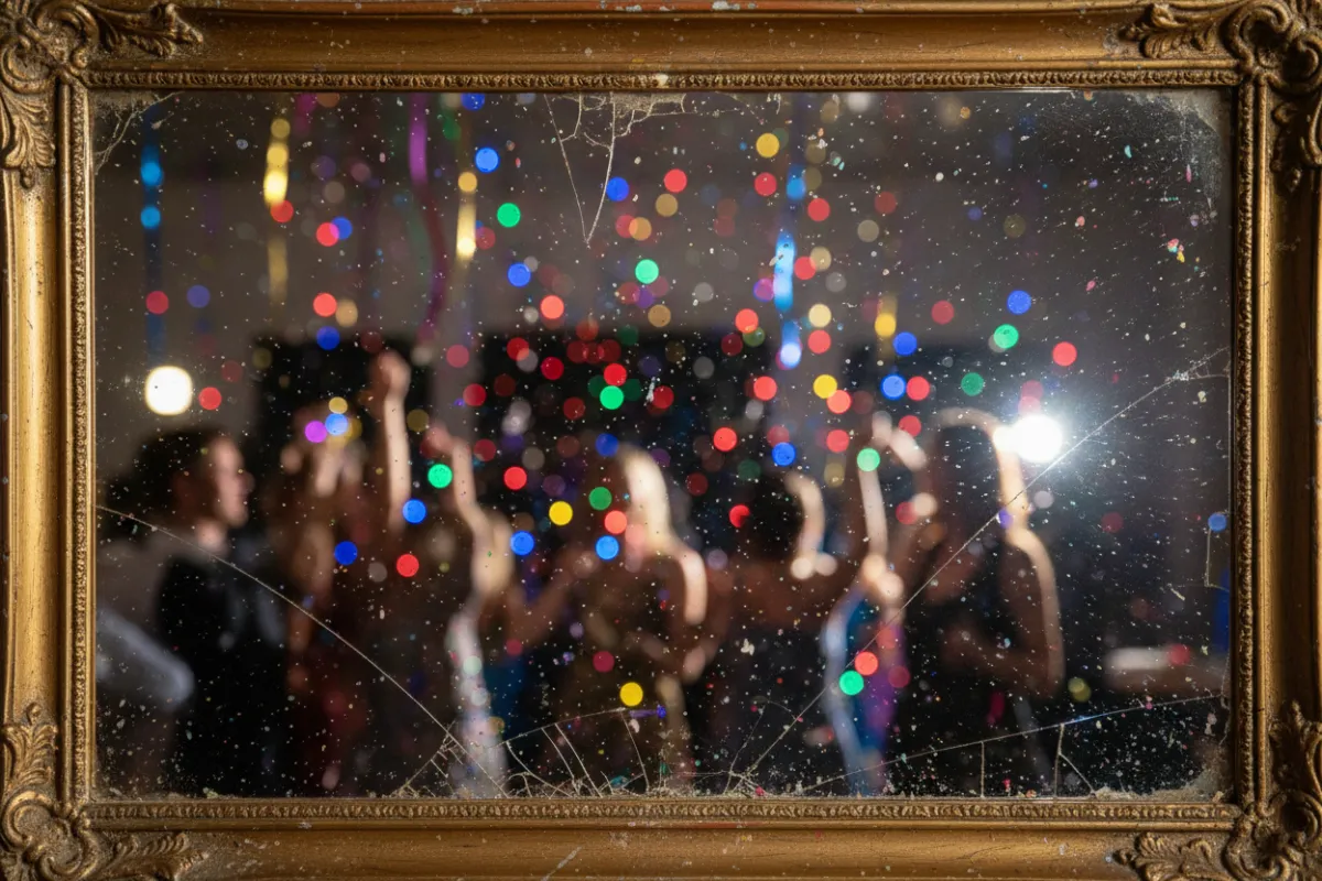 Vintage mirror with party reflections and colorful bokeh, 3:2 UGC tile.