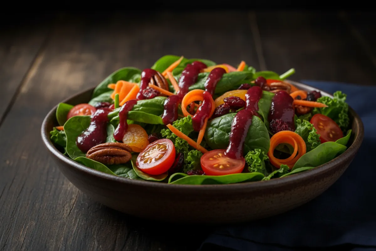 Fresh mixed greens with cherry tomatoes, shredded carrots, dried fruit and candied pecans in a bowl