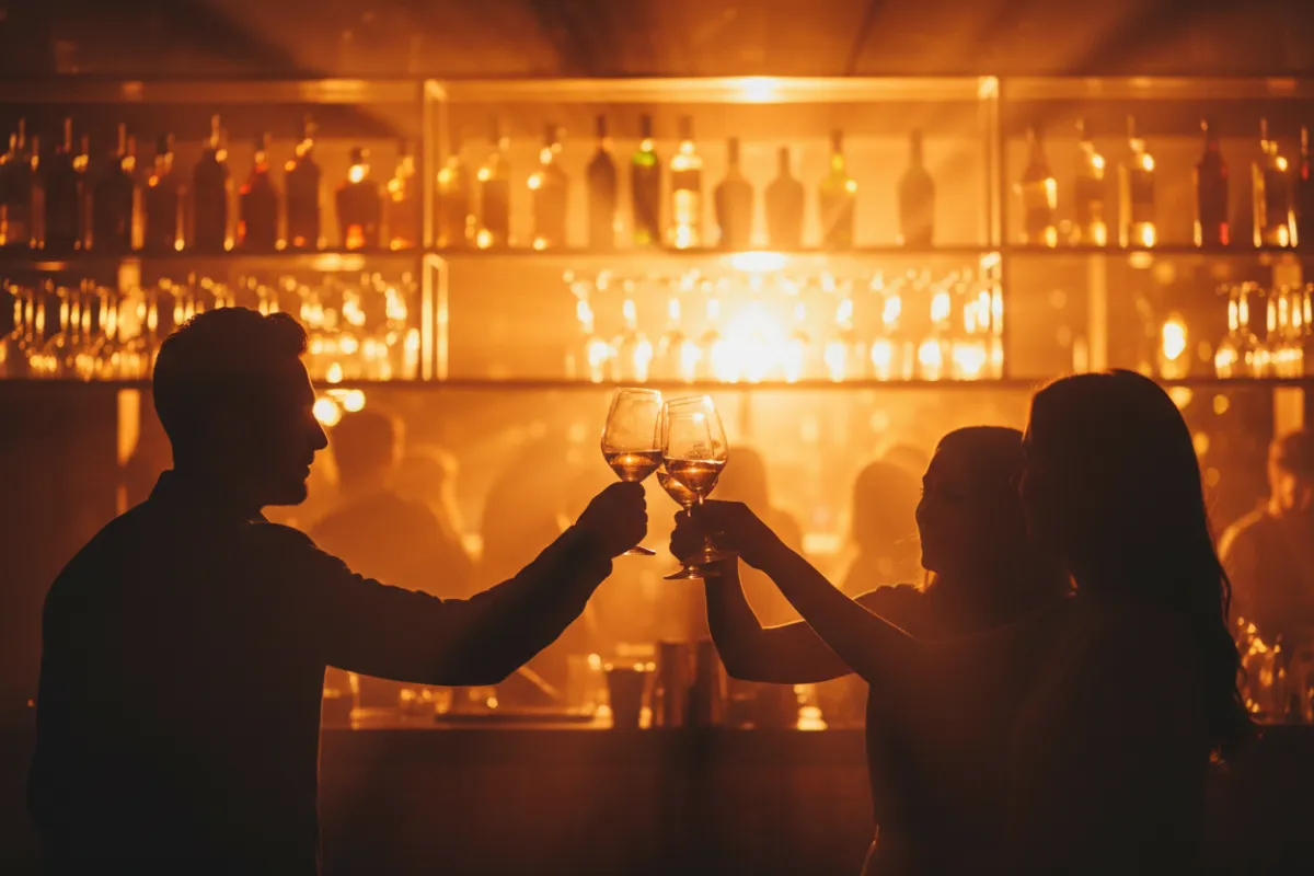 Friends clinking glasses in silhouette against a backlit bar, 3:2 UGC tile.