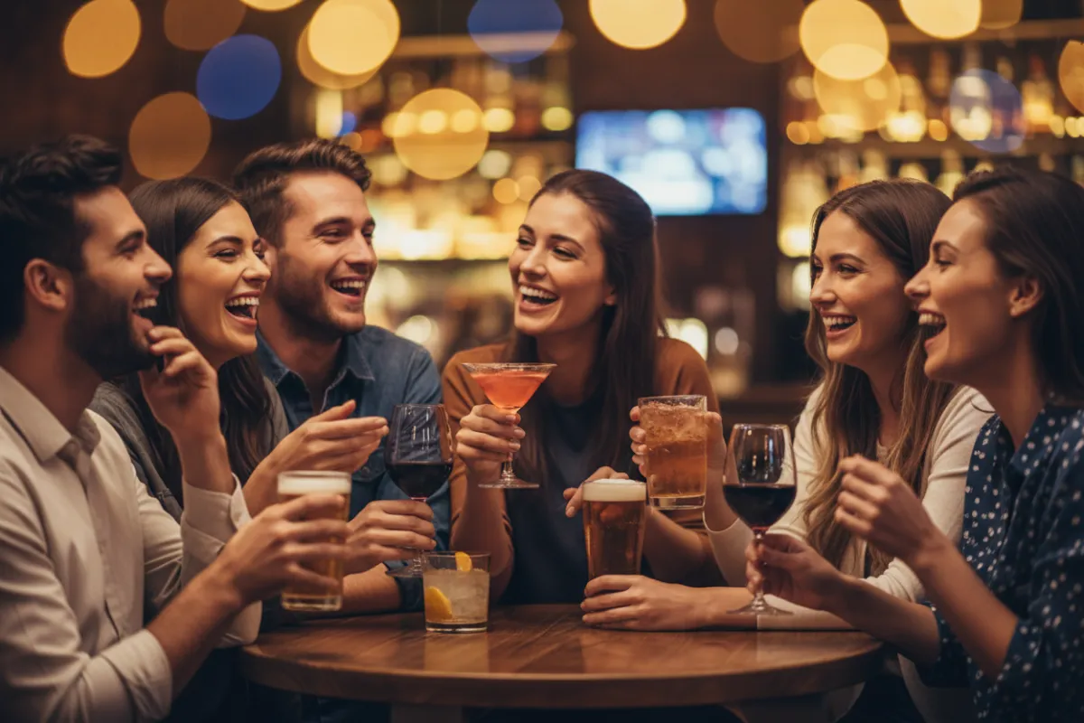Friends laughing over drinks in a lively bar setting.