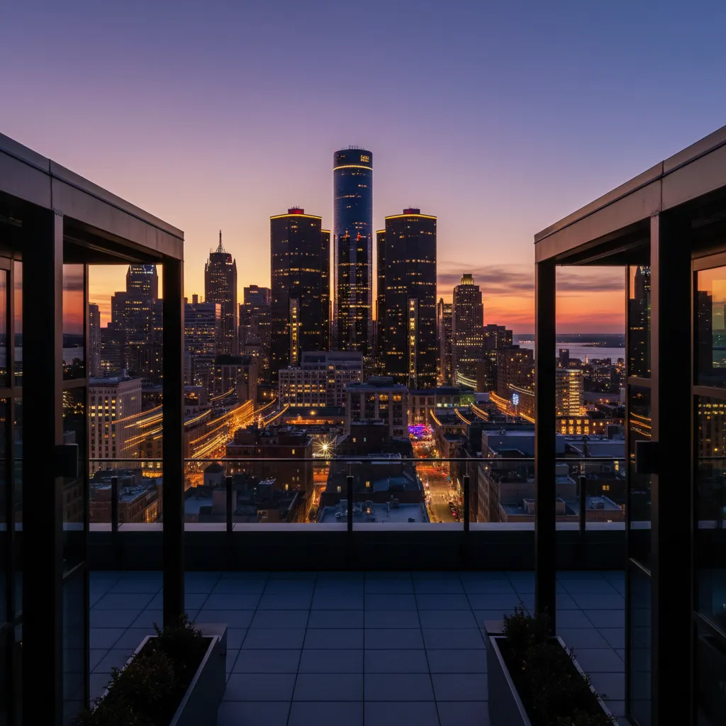 Rooftop vantage showing part of the Detroit skyline framed by venue architecture at dusk with city lights.