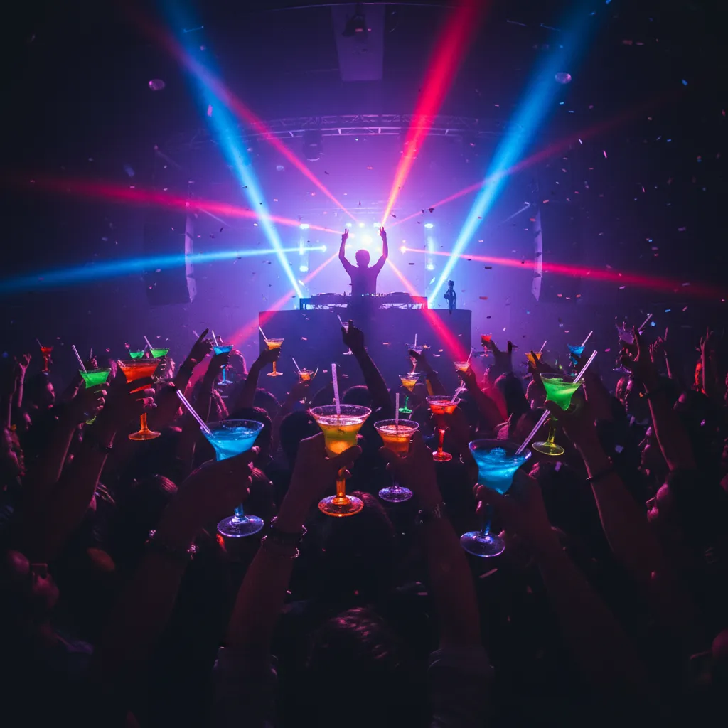 Crowd shot focused on hands holding cocktails toward a DJ booth with energetic nightclub lighting.