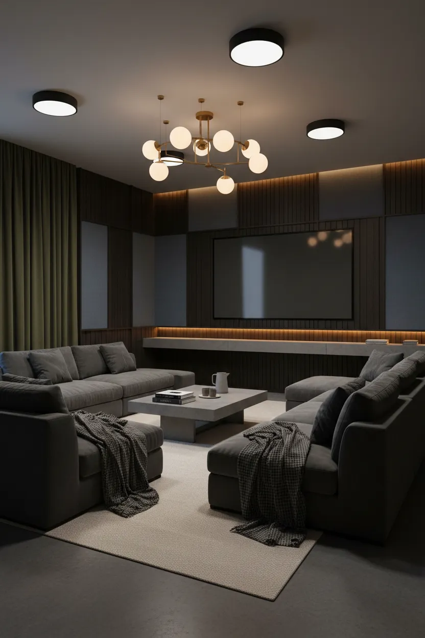 Reserved group seating area with large TV and ambient lighting for Super Bowl viewing