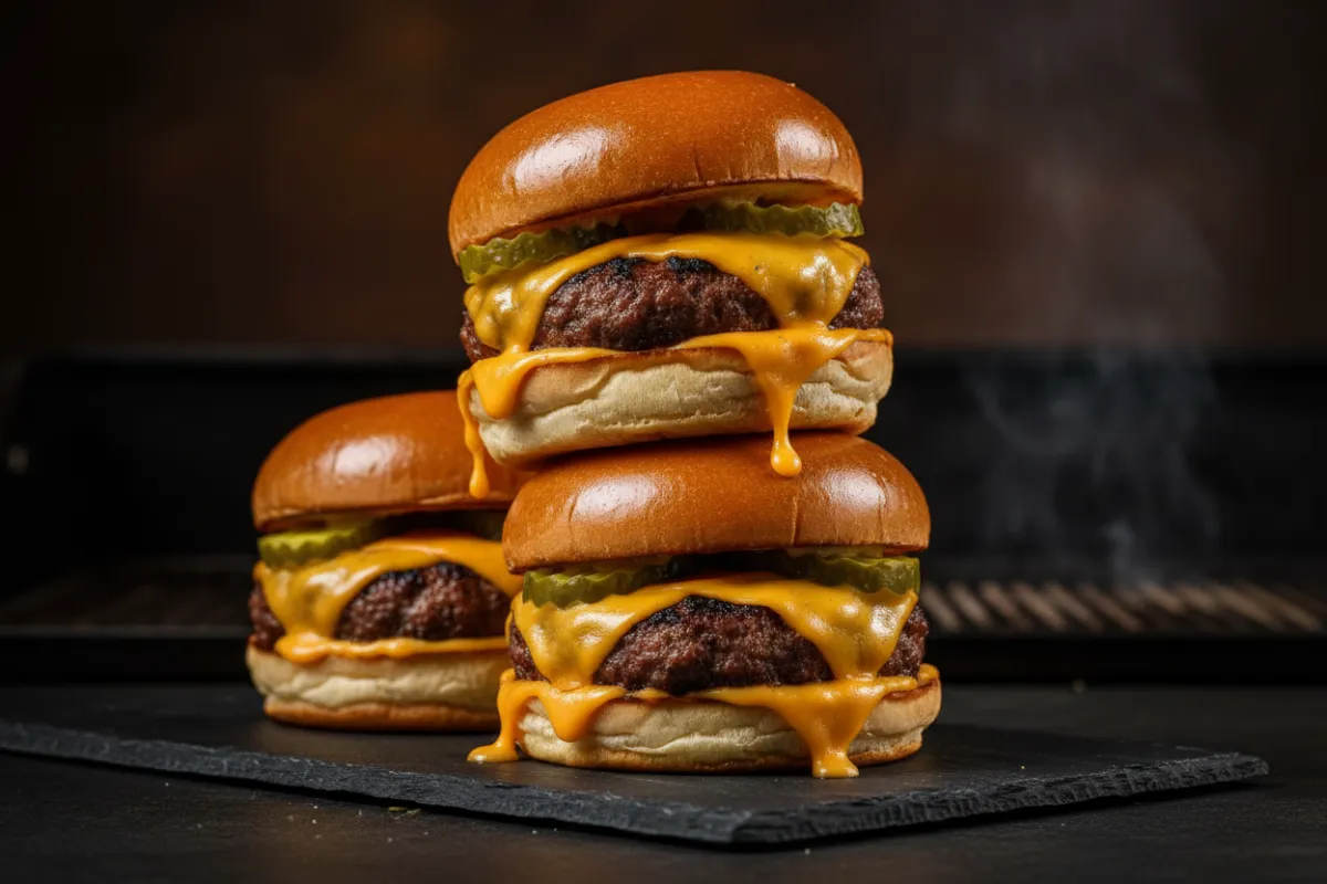 Stacked burger slider trio on a slate board with melted cheese and pickles