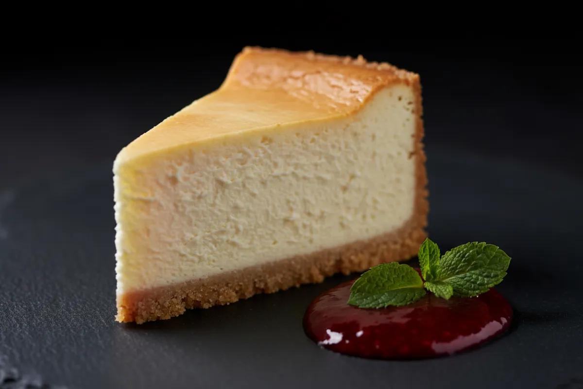Slice of New York cheesecake with golden crust, raspberry coulis, and mint leaf.