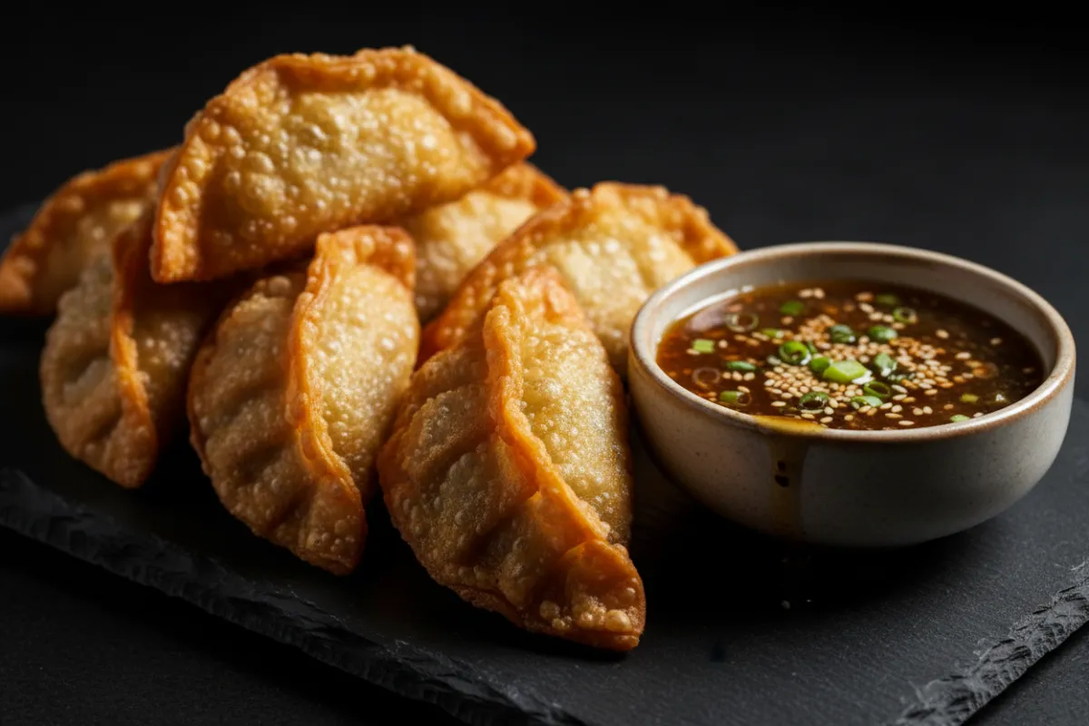 Golden fried dumplings with sesame garlic dipping sauce on a slate board.