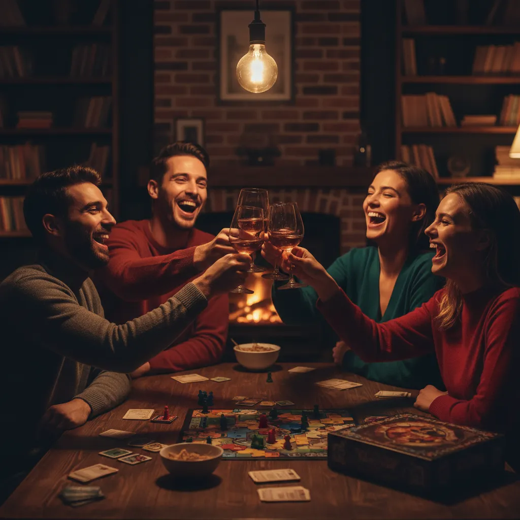 Group playing a tabletop game, mid-laugh with glasses raised, candid lifestyle photo.