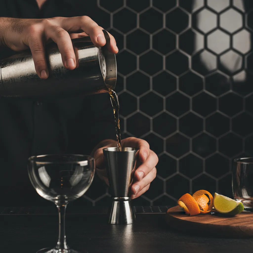 Craft cocktail being shaken over a jigger at Delux Bar & Lounge