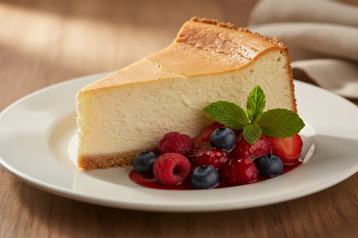 Slice of NY-style cheesecake with berry compote and mint garnish on a dessert plate