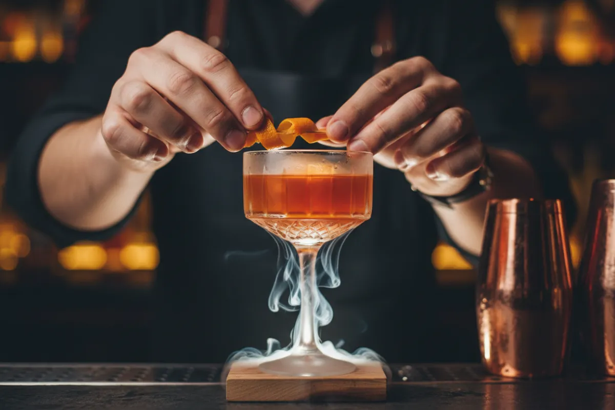 Bartender garnishing a signature cocktail with citrus peel and smoke.