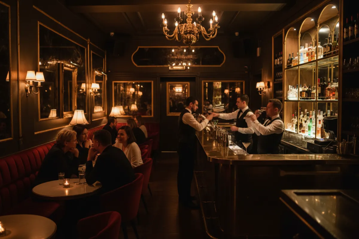 Interior of Delux Bar & Lounge at night with moody lighting and patrons enjoying cocktails
