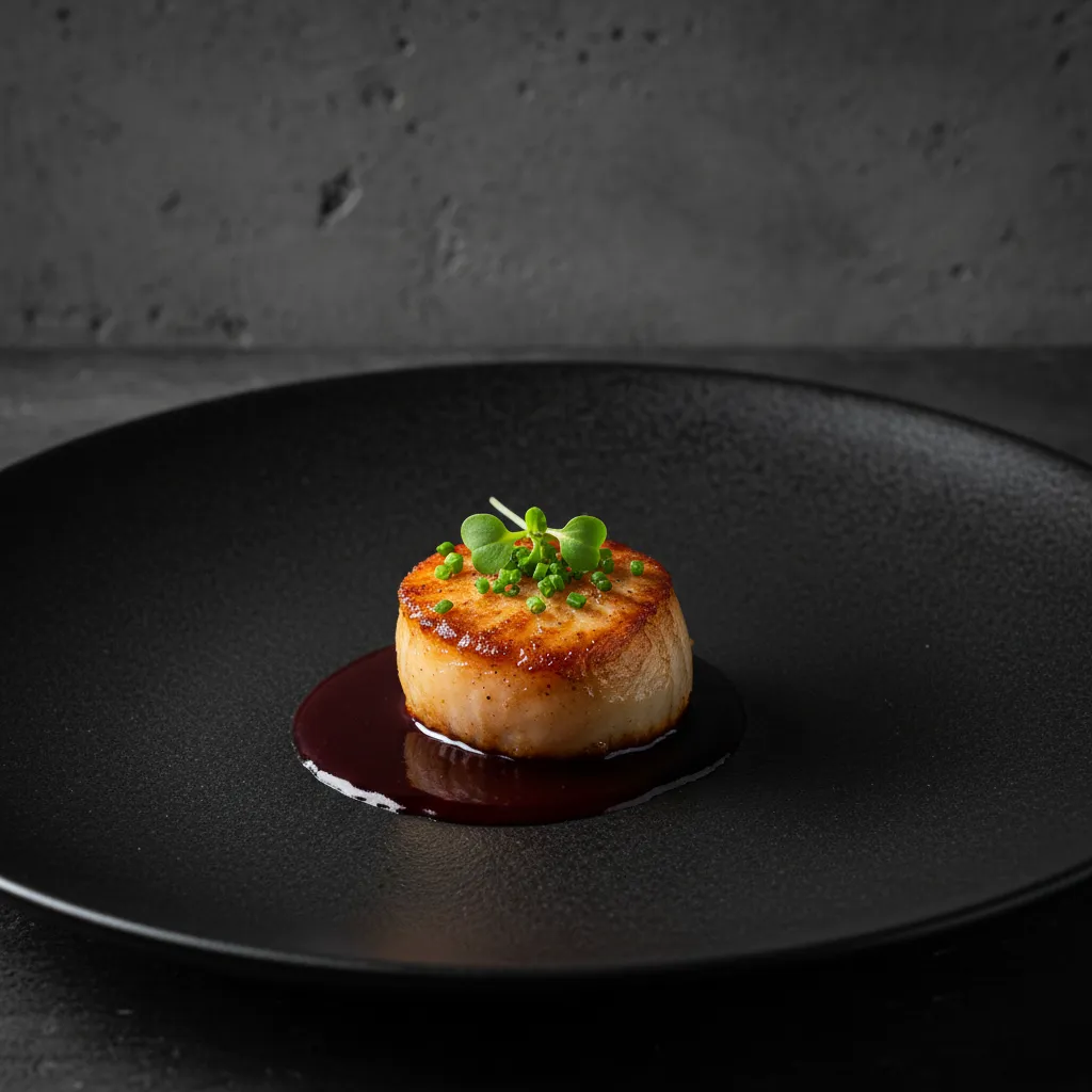 Elevated food bite plated on ceramic with herb garnish and textured backdrop, studio-like food shot.