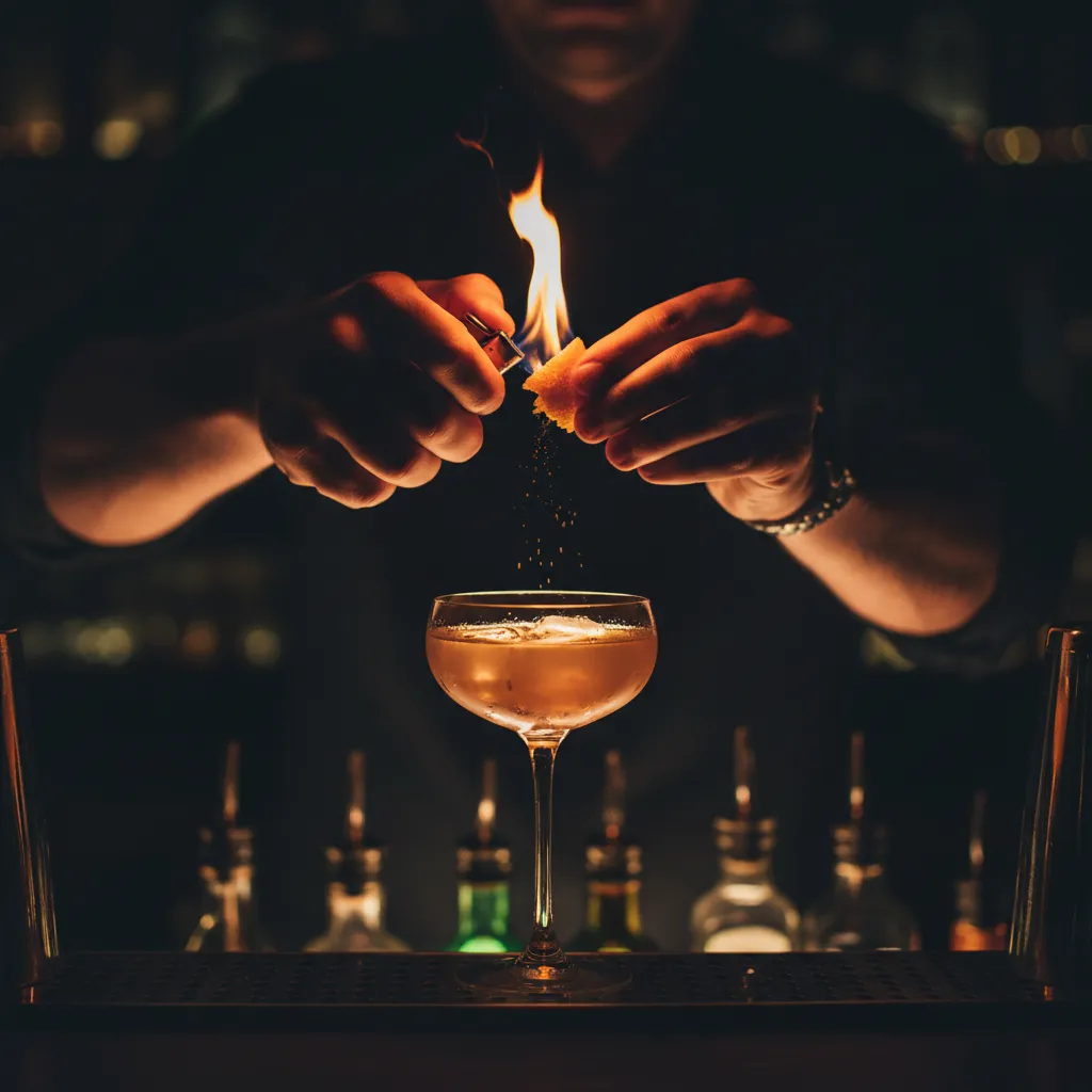 Bartender’s hands finishing a drink with flaming citrus oil in dramatic lighting.