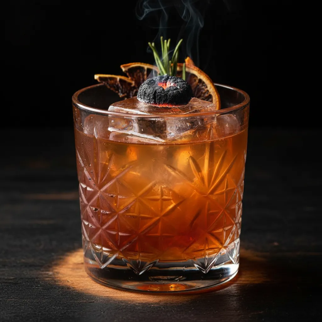 Close-up mezcal-style cocktail with ember garnish in textured glass, photorealistic and high detail.