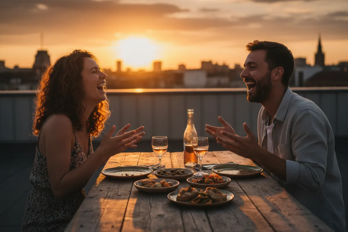 Two friends laughing over small plates at a rooftop table during golden hour.