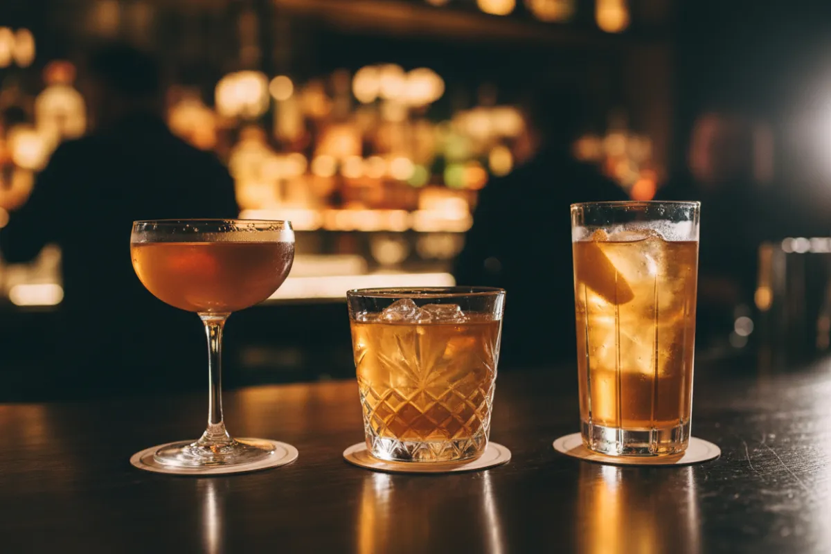 Close-up of signature cocktails on a dark bar counter with warm backlight and guests blurred in the background.