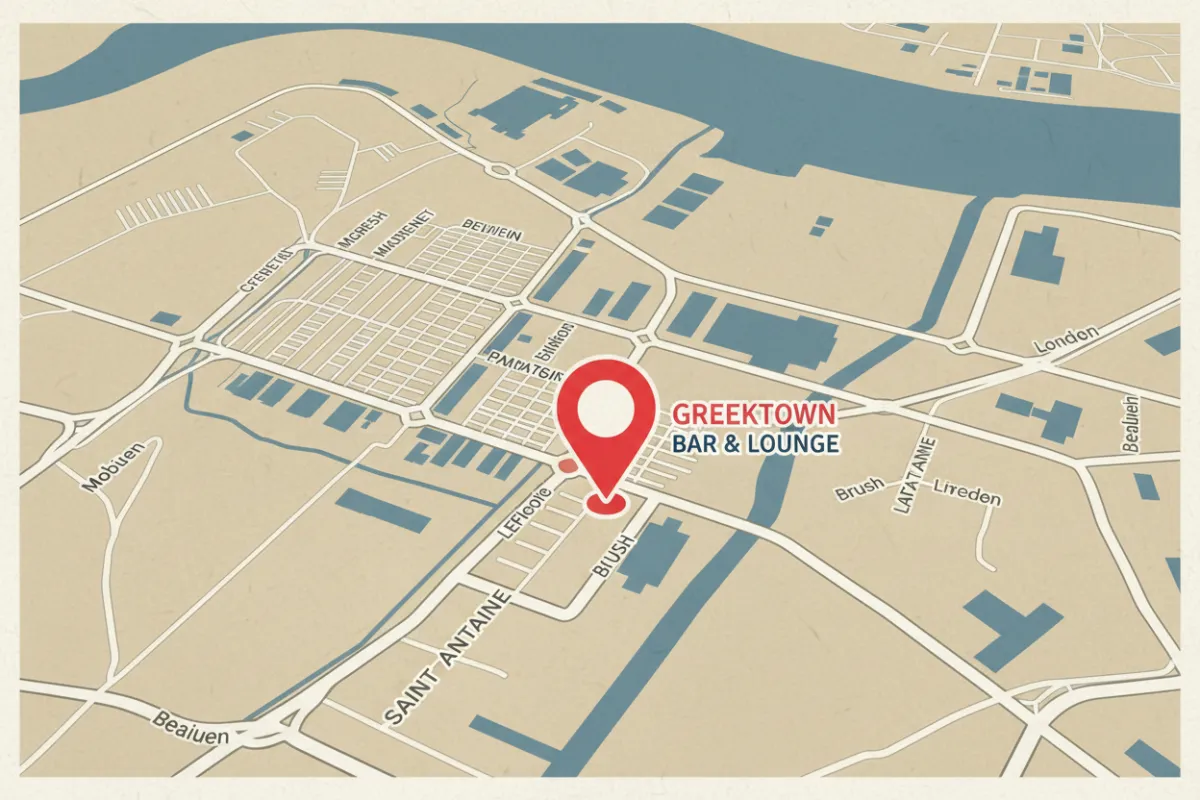 Stylized map of Greektown Detroit showing Deluxe Bar and Lounge location