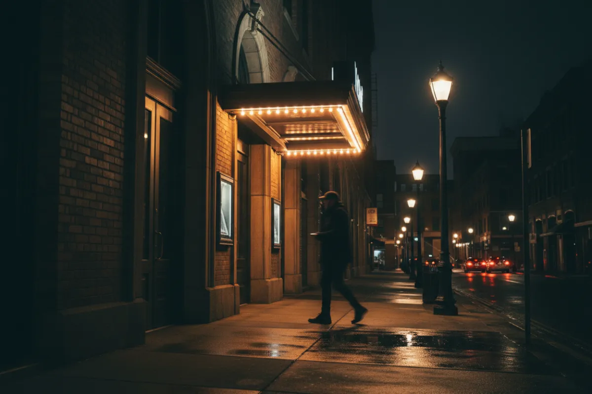 Evening shot of the venue entrance with illuminated signage.