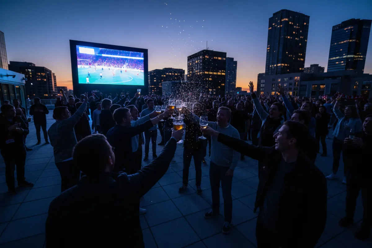Fans cheering while watching a sports match on a large rooftop screen