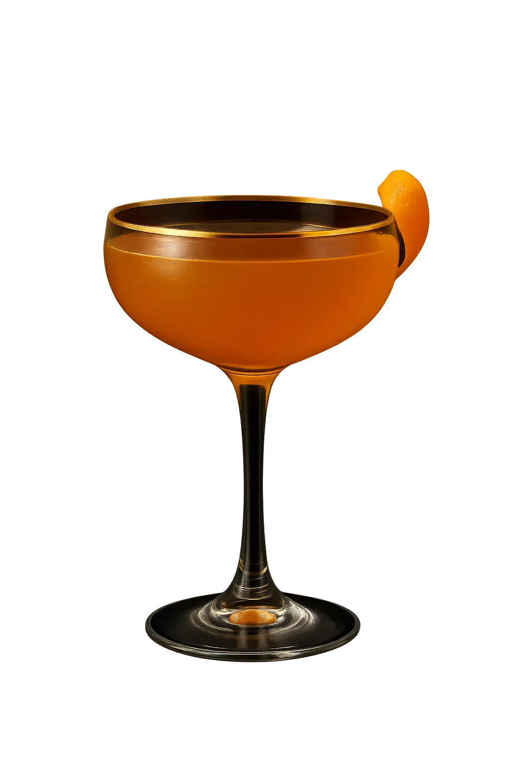 Delux signature cocktail in a coupe glass with gold rim and orange twist on a dark background