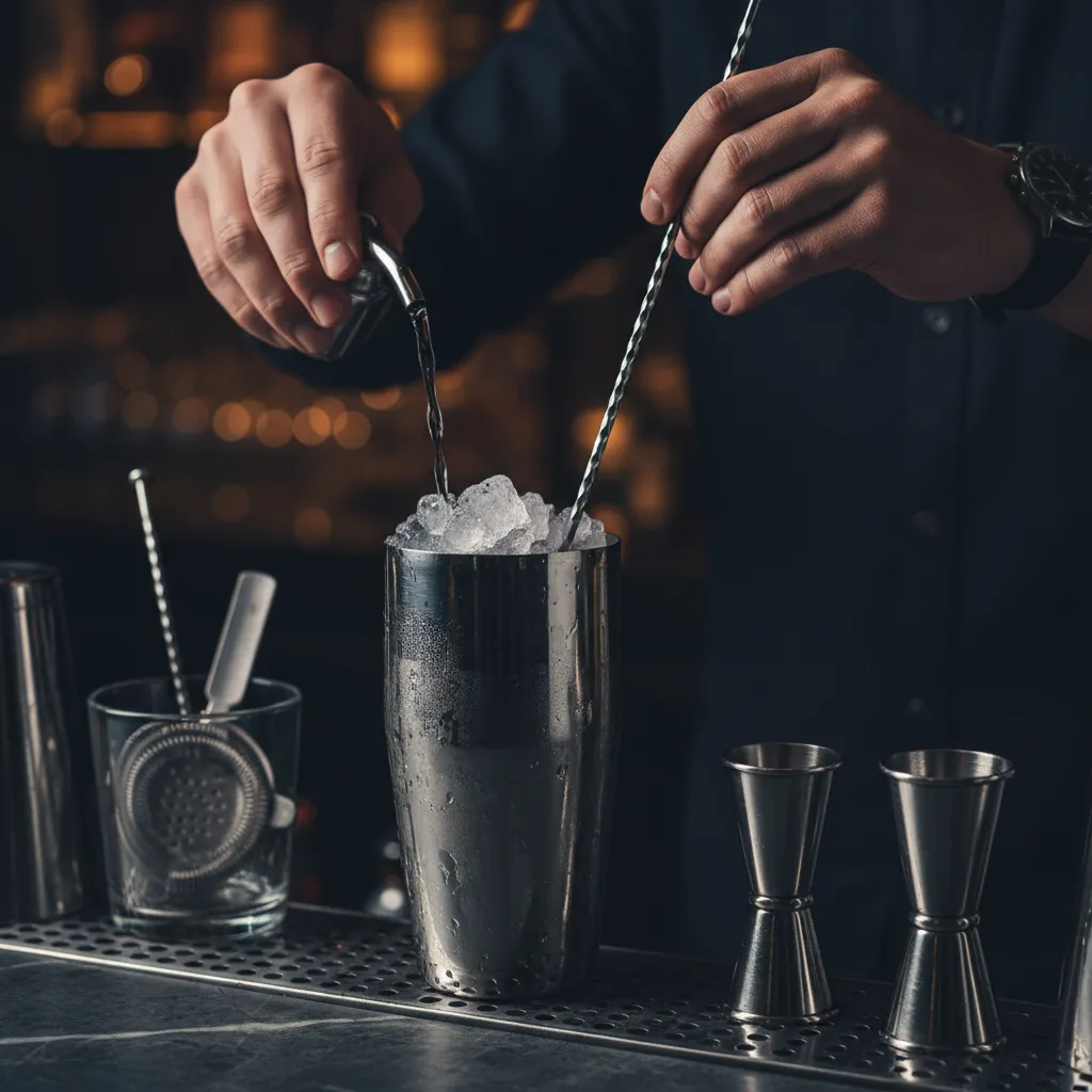 Polished cocktail tools and bartender at work, close-up on shaker and ice, crisp and textured.
