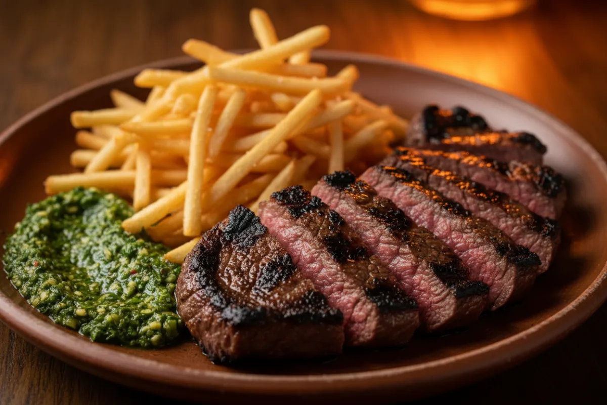 Grilled skirt steak with fries and chimichurri sauce on a rustic plate.