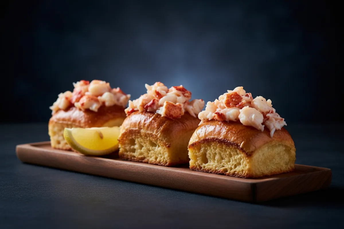 Two mini lobster rolls on a narrow wooden board with a lemon wedge