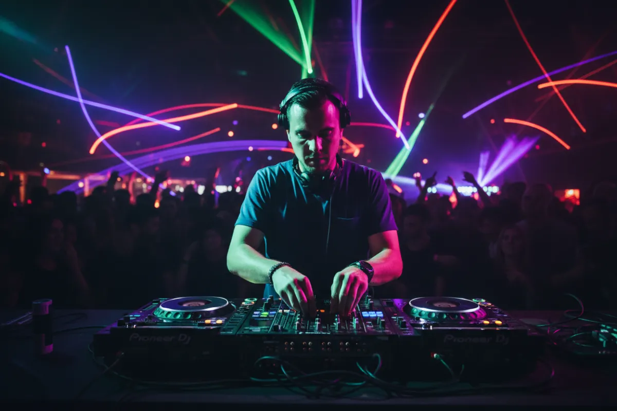 Live DJ performing with colorful strobes and crowd silhouette.