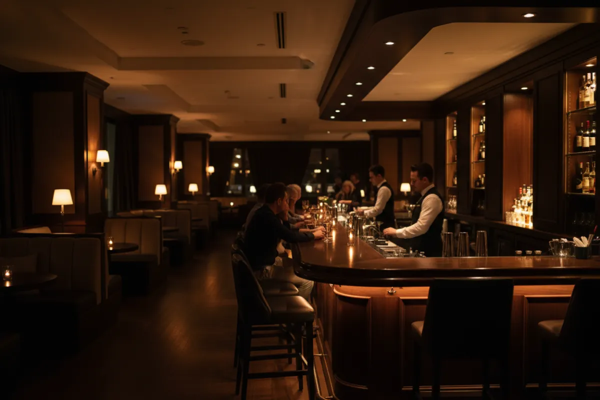 Interior bar seating with polished wood, mood lighting, and patrons at the counter in evening ambience.