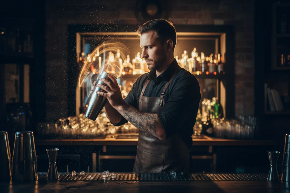 Bartender shaking a cocktail with dramatic rim lighting and motion blur.