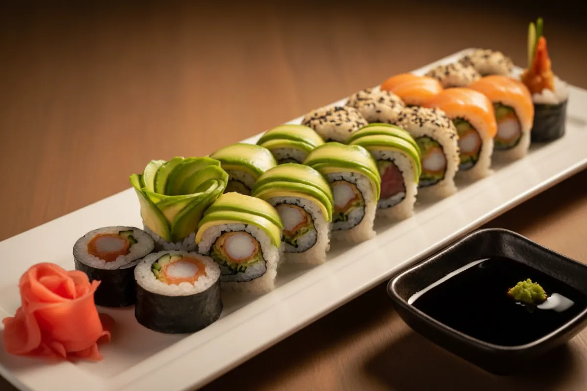 Assorted seasonal sushi rolls on a long white plate.