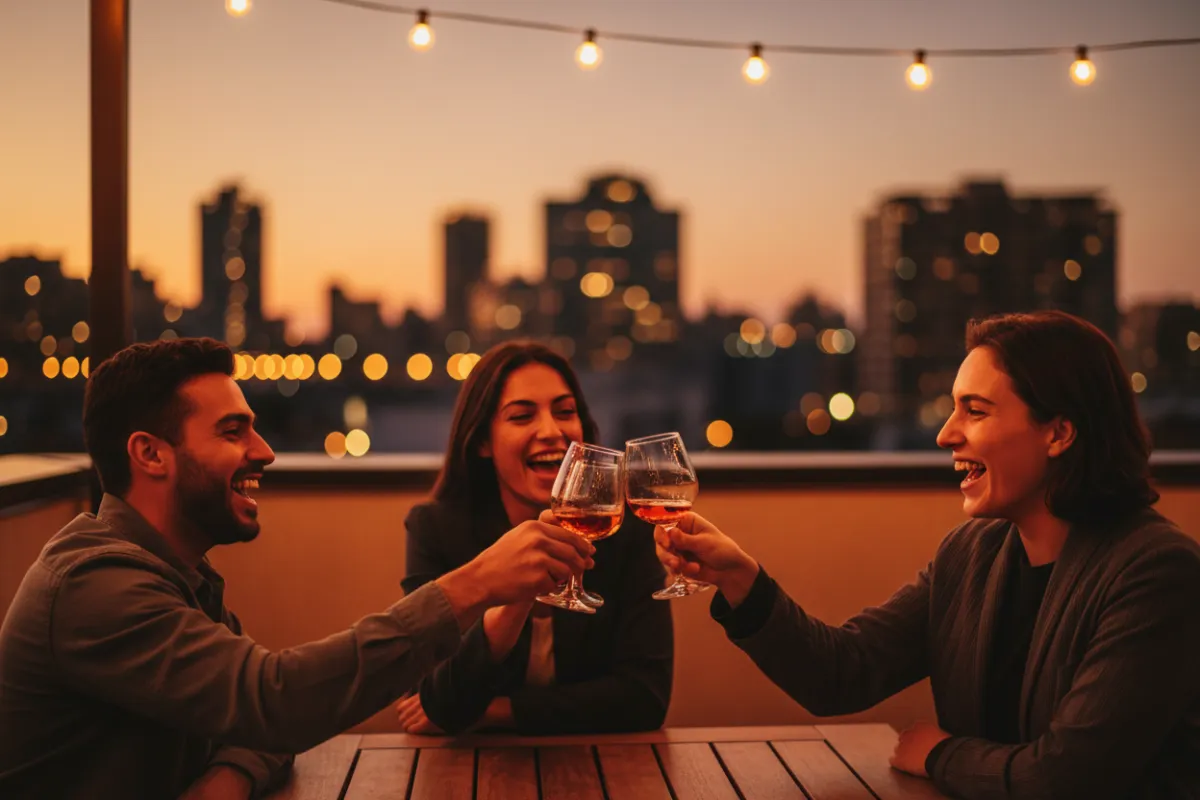 Friends laughing and toasting under string lights at a rooftop table.