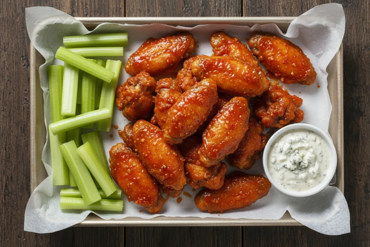 Crisp boneless wings with celery and blue cheese dip.