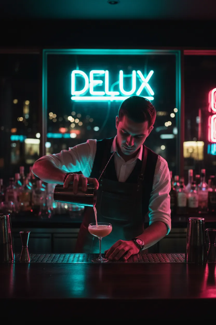 Neon-lit bartender at Delux mixing a cocktail in a moody, radiant setting