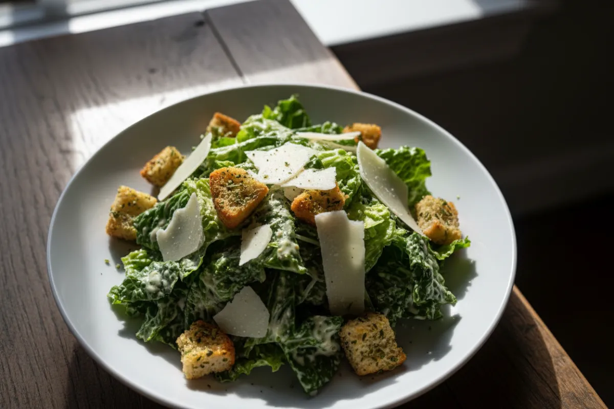 Caesar salad with crisp romaine, parmesan shavings and herbed croutons on a white plate